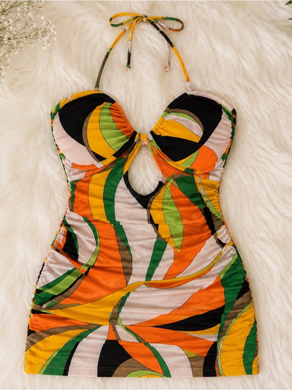 Colorful Retro Print Cutout Halter Bodycon Mini Dress | Ruched Stretch Clubwear - Picture 2 of 3